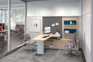 Office workstation with multipurpose walls, height-adjustable desk and storage