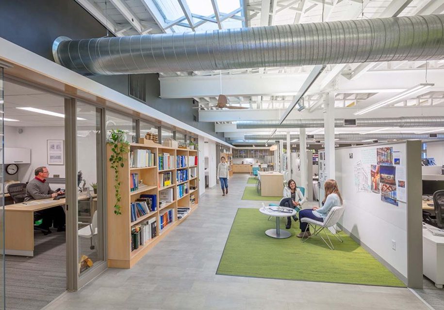 Green building with open office collaboration working spaces with natural light